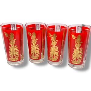 x4 vintage Culver Gold Red Thai Goddess highball glasses cocktail tiki bar